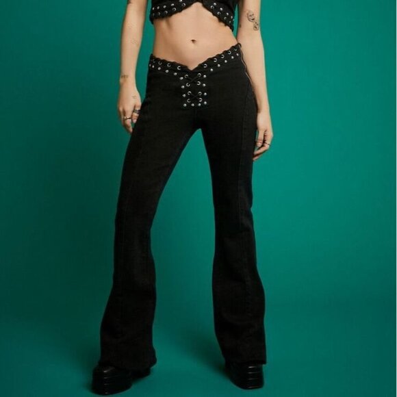 Forever 21 X Frankie and The Studs Studded Black Lace Up Low Rise Flare  Jeans - Picture 1 of 14